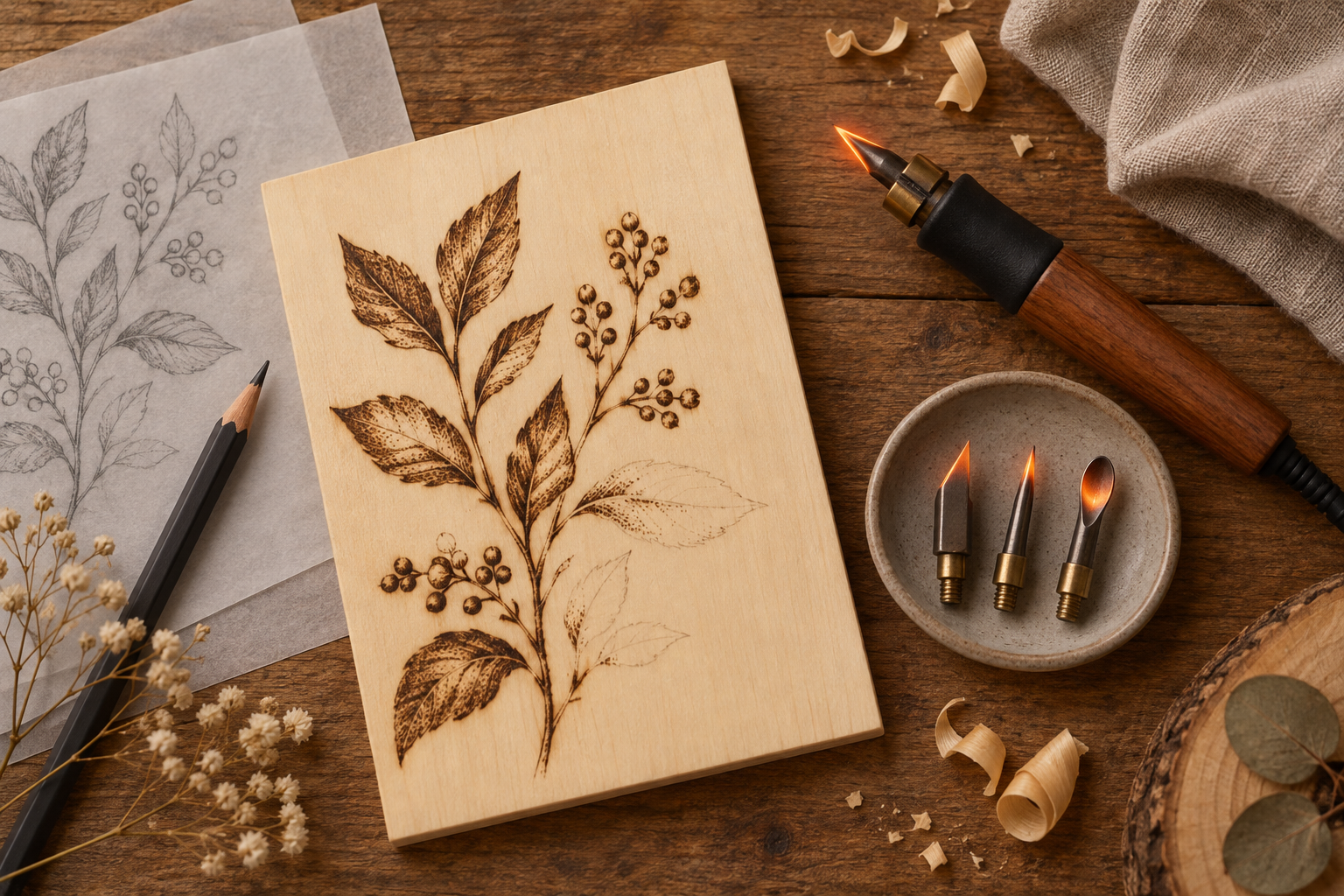 Matériel de pyrogravure : fer à pyrograver, pointes interchangeables et chute de bois
