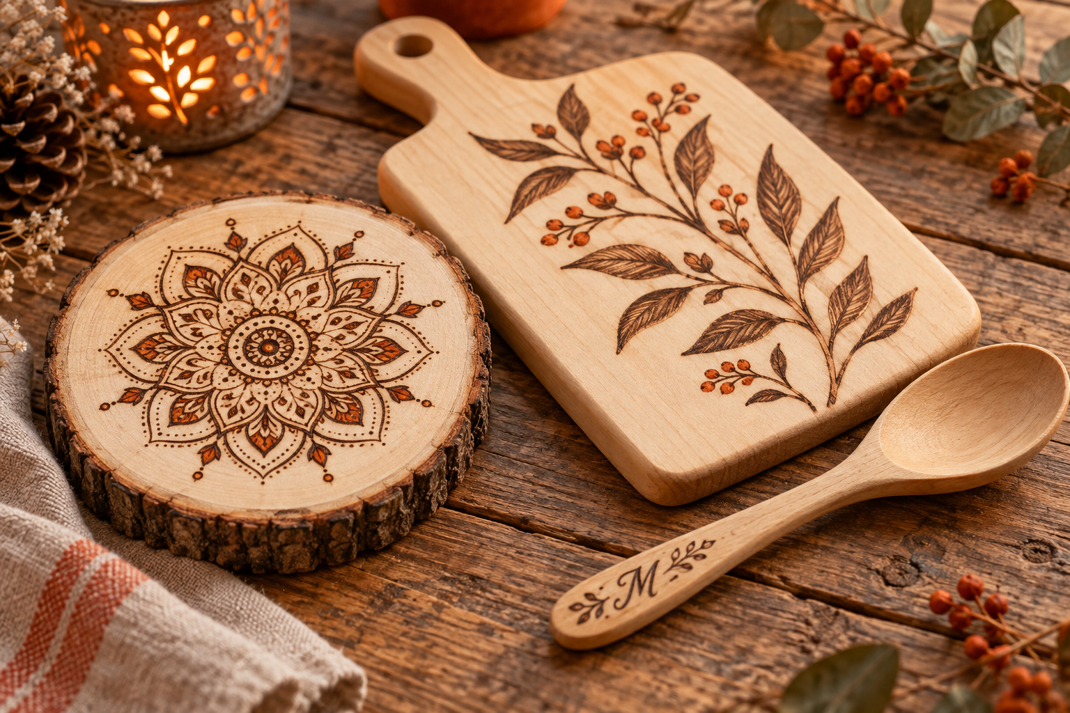 Plusieurs projets de pyrogravure terminés, posés sur une table en bois